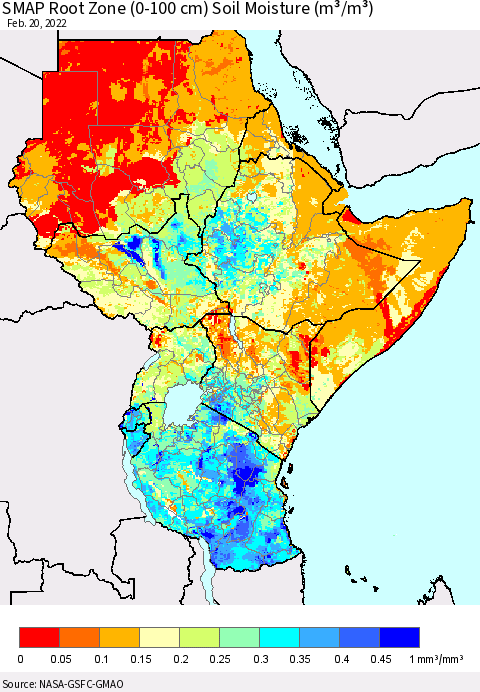 Eastern Africa SMAP Root Zone (0-100 cm) Soil Moisture (m³/m³) Thematic Map For 2/16/2022 - 2/20/2022