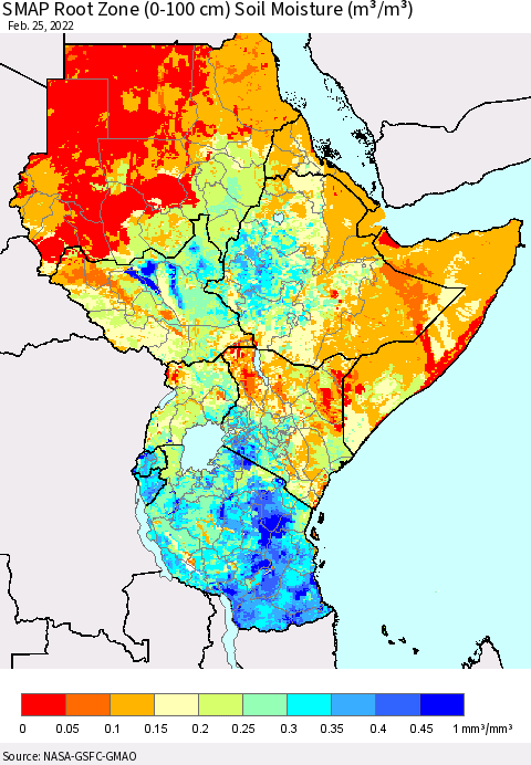 Eastern Africa SMAP Root Zone (0-100 cm) Soil Moisture (m³/m³) Thematic Map For 2/21/2022 - 2/25/2022