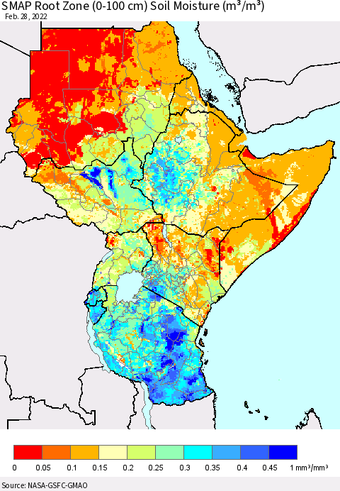 Eastern Africa SMAP Root Zone (0-100 cm) Soil Moisture (m³/m³) Thematic Map For 2/26/2022 - 2/28/2022