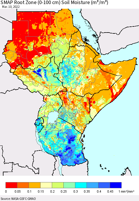 Eastern Africa SMAP Root Zone (0-100 cm) Soil Moisture (m³/m³) Thematic Map For 3/6/2022 - 3/10/2022