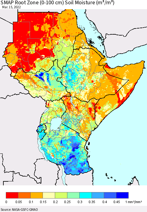 Eastern Africa SMAP Root Zone (0-100 cm) Soil Moisture (m³/m³) Thematic Map For 3/11/2022 - 3/15/2022