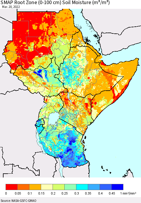 Eastern Africa SMAP Root Zone (0-100 cm) Soil Moisture (m³/m³) Thematic Map For 3/16/2022 - 3/20/2022
