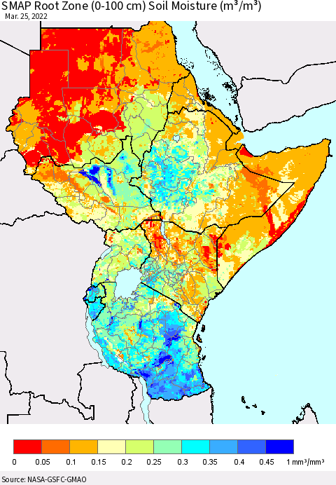 Eastern Africa SMAP Root Zone (0-100 cm) Soil Moisture (m³/m³) Thematic Map For 3/21/2022 - 3/25/2022