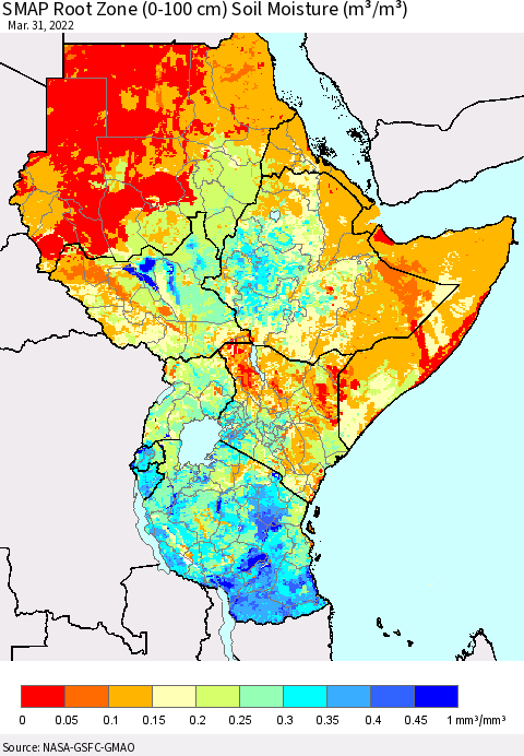 Eastern Africa SMAP Root Zone (0-100 cm) Soil Moisture (m³/m³) Thematic Map For 3/26/2022 - 3/31/2022