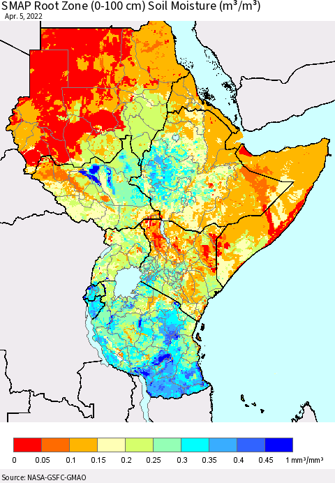 Eastern Africa SMAP Root Zone (0-100 cm) Soil Moisture (m³/m³) Thematic Map For 4/1/2022 - 4/5/2022