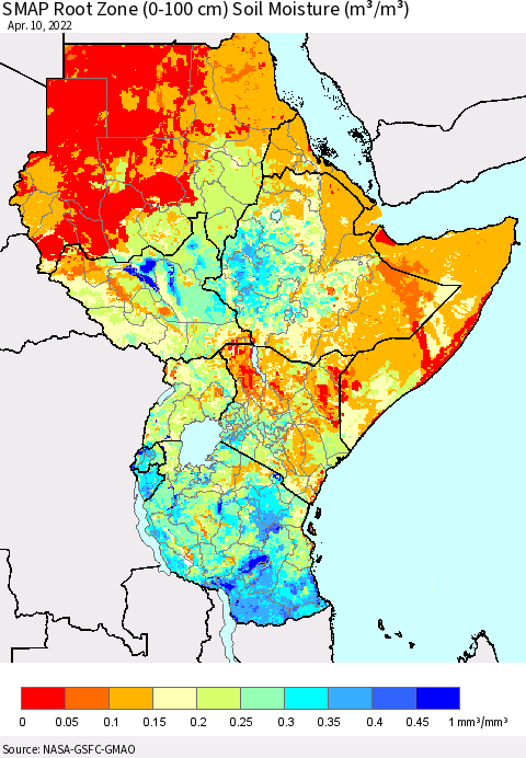 Eastern Africa SMAP Root Zone (0-100 cm) Soil Moisture (m³/m³) Thematic Map For 4/6/2022 - 4/10/2022