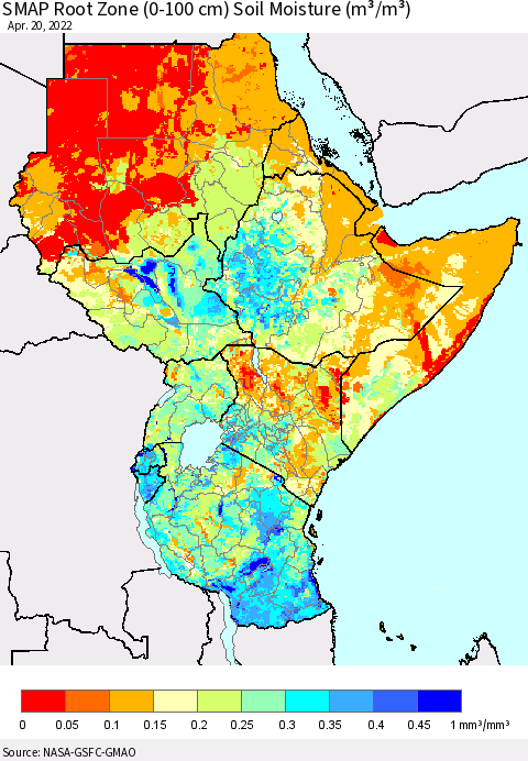 Eastern Africa SMAP Root Zone (0-100 cm) Soil Moisture (m³/m³) Thematic Map For 4/16/2022 - 4/20/2022