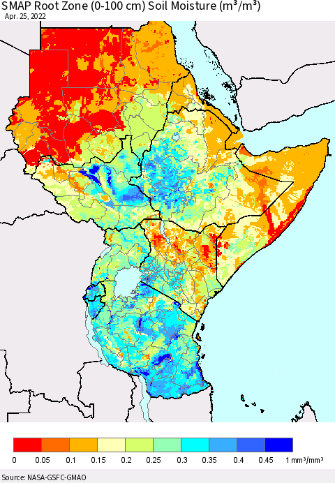 Eastern Africa SMAP Root Zone (0-100 cm) Soil Moisture (m³/m³) Thematic Map For 4/21/2022 - 4/25/2022