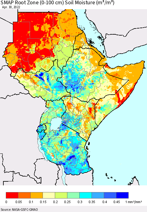 Eastern Africa SMAP Root Zone (0-100 cm) Soil Moisture (m³/m³) Thematic Map For 4/26/2022 - 4/30/2022