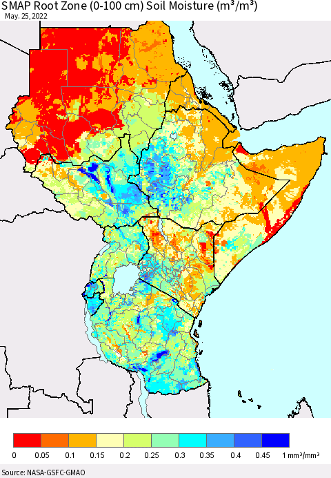 Eastern Africa SMAP Root Zone (0-100 cm) Soil Moisture (m³/m³) Thematic Map For 5/21/2022 - 5/25/2022