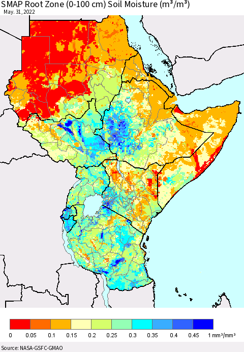 Eastern Africa SMAP Root Zone (0-100 cm) Soil Moisture (m³/m³) Thematic Map For 5/26/2022 - 5/31/2022