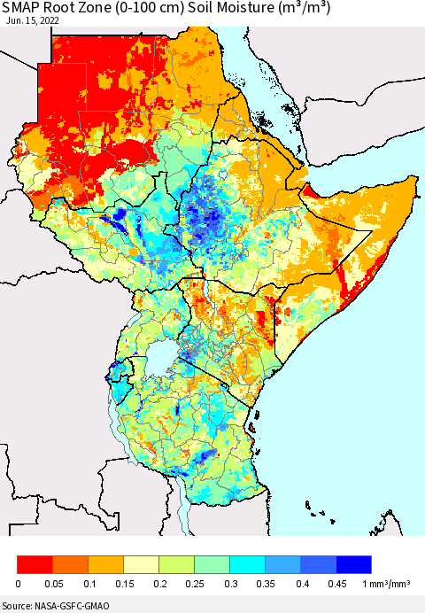Eastern Africa SMAP Root Zone (0-100 cm) Soil Moisture (m³/m³) Thematic Map For 6/11/2022 - 6/15/2022
