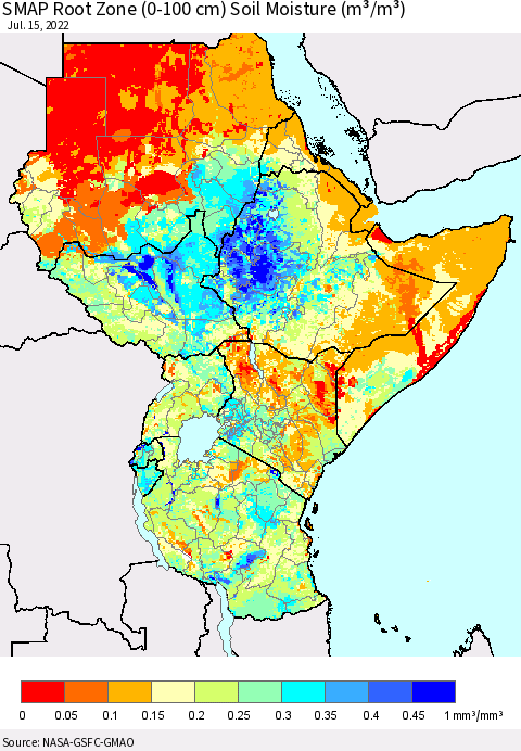 Eastern Africa SMAP Root Zone (0-100 cm) Soil Moisture (m³/m³) Thematic Map For 7/11/2022 - 7/15/2022