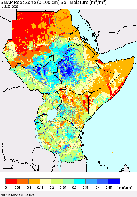 Eastern Africa SMAP Root Zone (0-100 cm) Soil Moisture (m³/m³) Thematic Map For 7/16/2022 - 7/20/2022