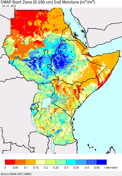 Eastern Africa SMAP Root Zone (0-100 cm) Soil Moisture (m³/m³) Thematic Map For 7/26/2022 - 7/31/2022
