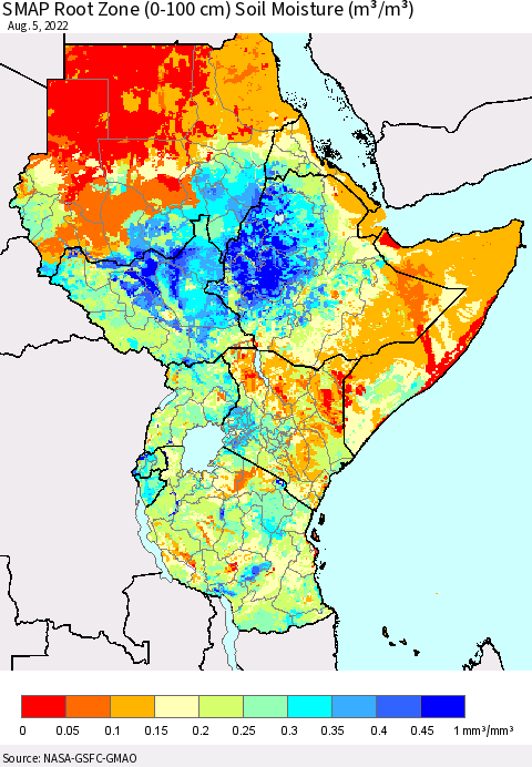 Eastern Africa SMAP Root Zone (0-100 cm) Soil Moisture (m³/m³) Thematic Map For 8/1/2022 - 8/5/2022