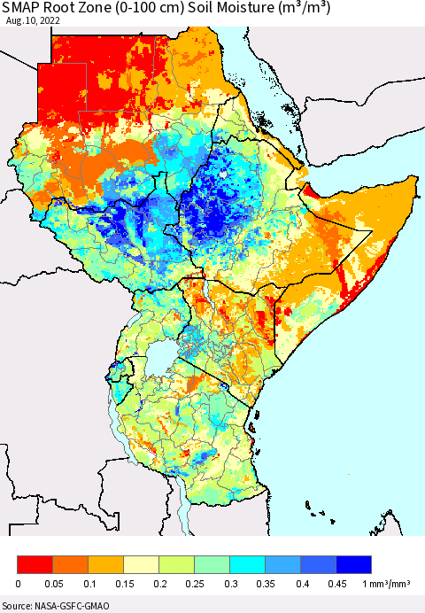 Eastern Africa SMAP Root Zone (0-100 cm) Soil Moisture (m³/m³) Thematic Map For 8/6/2022 - 8/10/2022