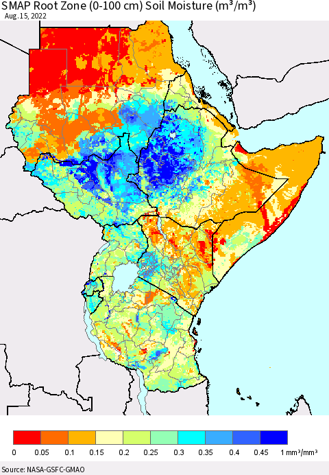 Eastern Africa SMAP Root Zone (0-100 cm) Soil Moisture (m³/m³) Thematic Map For 8/11/2022 - 8/15/2022