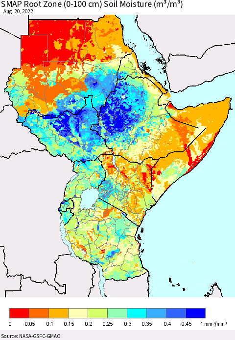 Eastern Africa SMAP Root Zone (0-100 cm) Soil Moisture (m³/m³) Thematic Map For 8/16/2022 - 8/20/2022