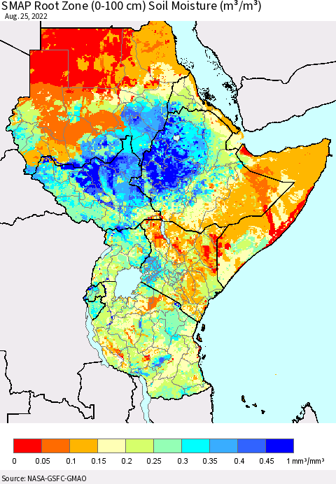 Eastern Africa SMAP Root Zone (0-100 cm) Soil Moisture (m³/m³) Thematic Map For 8/21/2022 - 8/25/2022