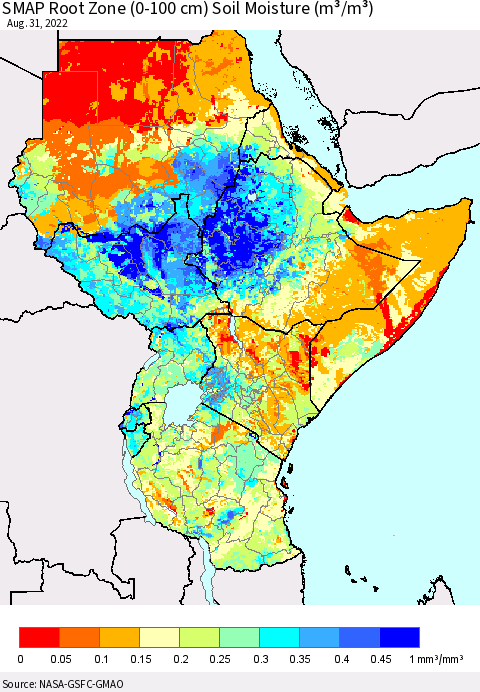 Eastern Africa SMAP Root Zone (0-100 cm) Soil Moisture (m³/m³) Thematic Map For 8/26/2022 - 8/31/2022