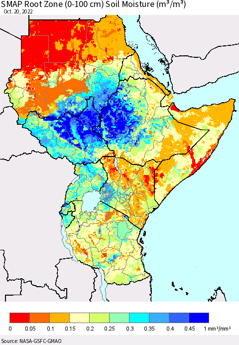 Eastern Africa SMAP Root Zone (0-100 cm) Soil Moisture (m³/m³) Thematic Map For 10/16/2022 - 10/20/2022