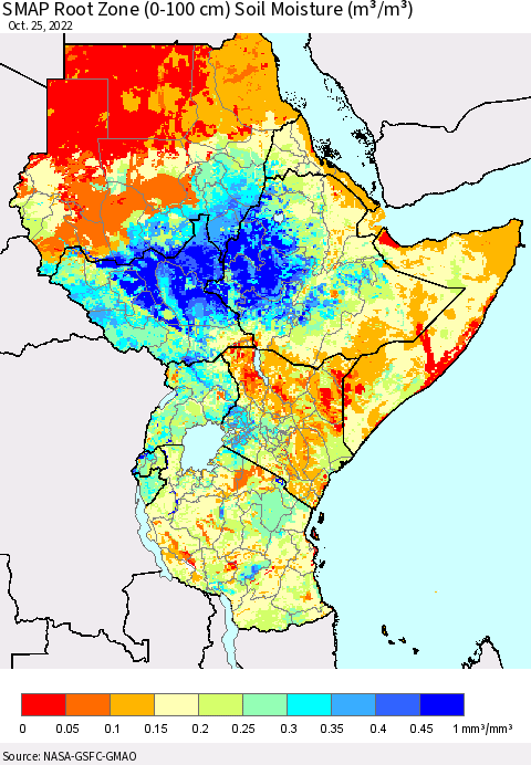 Eastern Africa SMAP Root Zone (0-100 cm) Soil Moisture (m³/m³) Thematic Map For 10/21/2022 - 10/25/2022