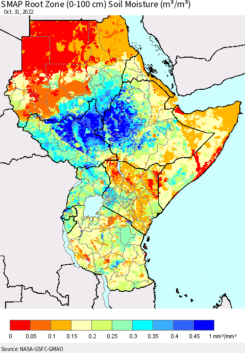 Eastern Africa SMAP Root Zone (0-100 cm) Soil Moisture (m³/m³) Thematic Map For 10/26/2022 - 10/31/2022