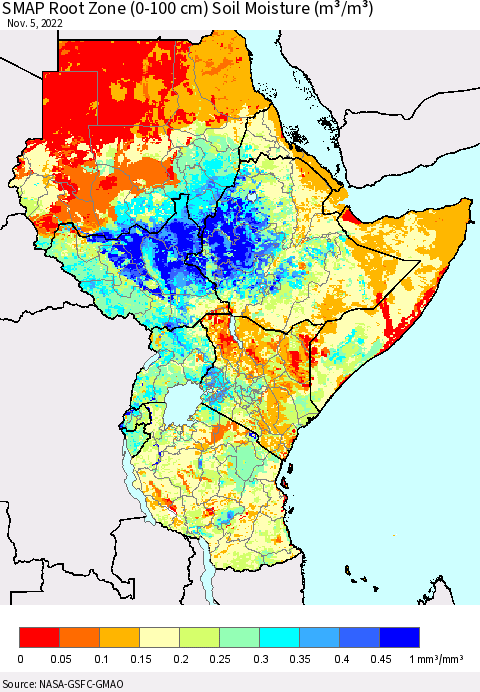 Eastern Africa SMAP Root Zone (0-100 cm) Soil Moisture (m³/m³) Thematic Map For 11/1/2022 - 11/5/2022