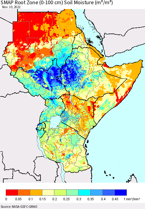 Eastern Africa SMAP Root Zone (0-100 cm) Soil Moisture (m³/m³) Thematic Map For 11/6/2022 - 11/10/2022