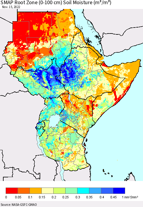 Eastern Africa SMAP Root Zone (0-100 cm) Soil Moisture (m³/m³) Thematic Map For 11/11/2022 - 11/15/2022