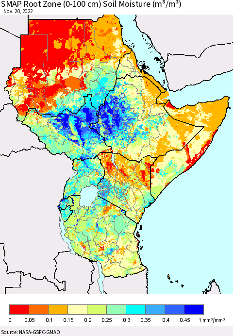 Eastern Africa SMAP Root Zone (0-100 cm) Soil Moisture (m³/m³) Thematic Map For 11/16/2022 - 11/20/2022