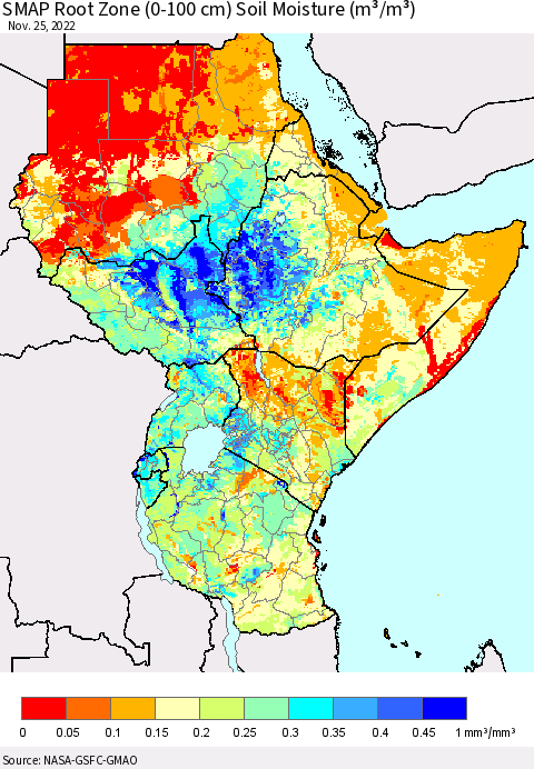 Eastern Africa SMAP Root Zone (0-100 cm) Soil Moisture (m³/m³) Thematic Map For 11/21/2022 - 11/25/2022