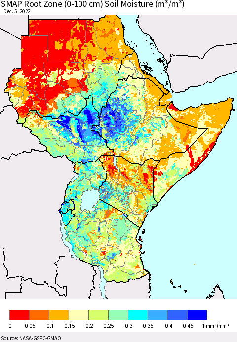 Eastern Africa SMAP Root Zone (0-100 cm) Soil Moisture (m³/m³) Thematic Map For 12/1/2022 - 12/5/2022