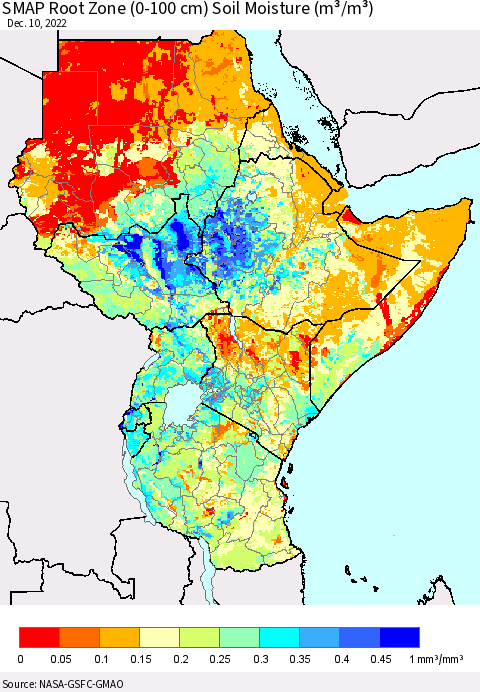 Eastern Africa SMAP Root Zone (0-100 cm) Soil Moisture (m³/m³) Thematic Map For 12/6/2022 - 12/10/2022
