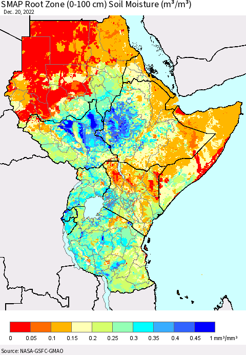 Eastern Africa SMAP Root Zone (0-100 cm) Soil Moisture (m³/m³) Thematic Map For 12/16/2022 - 12/20/2022