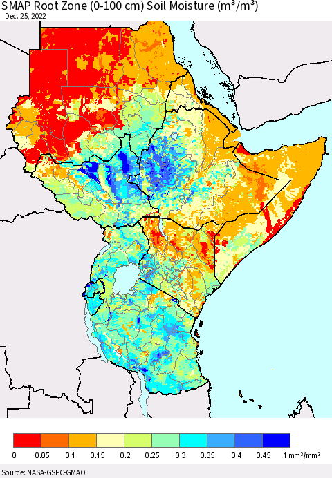 Eastern Africa SMAP Root Zone (0-100 cm) Soil Moisture (m³/m³) Thematic Map For 12/21/2022 - 12/25/2022