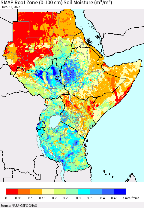 Eastern Africa SMAP Root Zone (0-100 cm) Soil Moisture (m³/m³) Thematic Map For 12/26/2022 - 12/31/2022
