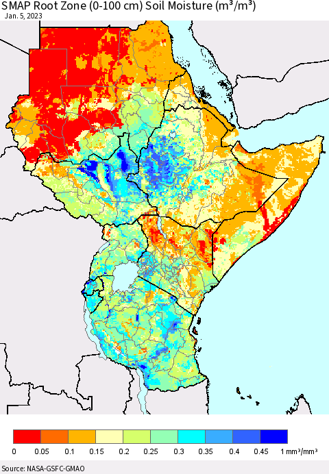 Eastern Africa SMAP Root Zone (0-100 cm) Soil Moisture (m³/m³) Thematic Map For 1/1/2023 - 1/5/2023