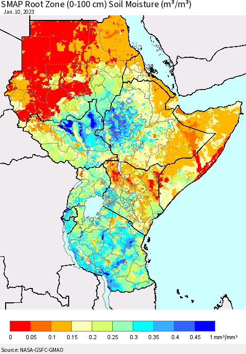 Eastern Africa SMAP Root Zone (0-100 cm) Soil Moisture (m³/m³) Thematic Map For 1/6/2023 - 1/10/2023