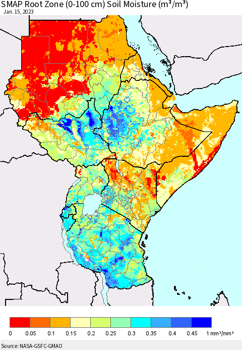 Eastern Africa SMAP Root Zone (0-100 cm) Soil Moisture (m³/m³) Thematic Map For 1/11/2023 - 1/15/2023