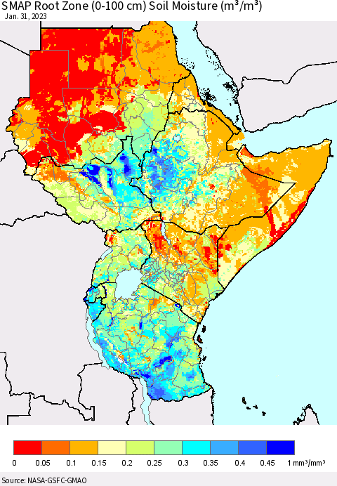 Eastern Africa SMAP Root Zone (0-100 cm) Soil Moisture (m³/m³) Thematic Map For 1/26/2023 - 1/31/2023