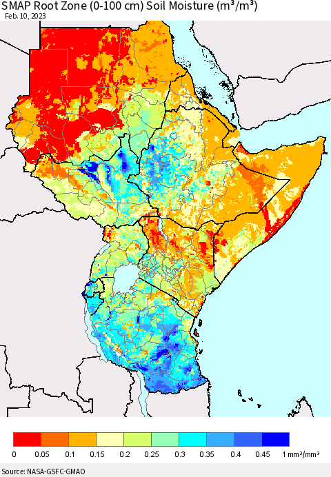 Eastern Africa SMAP Root Zone (0-100 cm) Soil Moisture (m³/m³) Thematic Map For 2/6/2023 - 2/10/2023