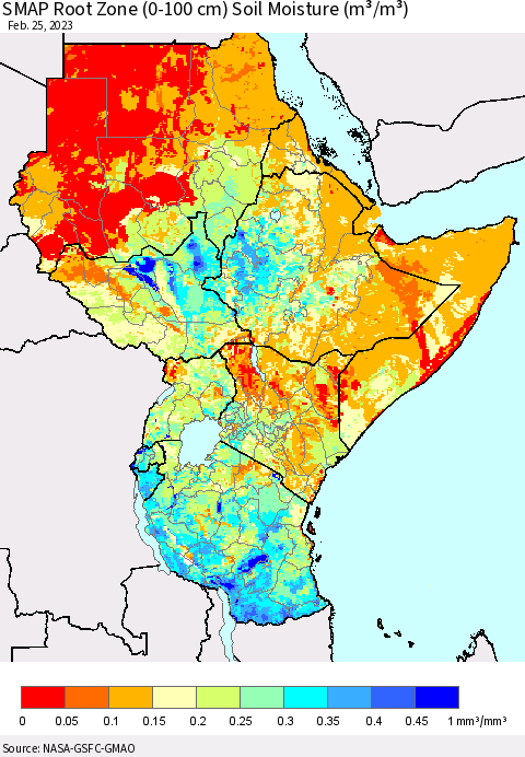 Eastern Africa SMAP Root Zone (0-100 cm) Soil Moisture (m³/m³) Thematic Map For 2/21/2023 - 2/25/2023