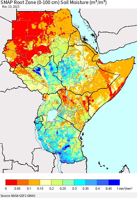 Eastern Africa SMAP Root Zone (0-100 cm) Soil Moisture (m³/m³) Thematic Map For 3/6/2023 - 3/10/2023