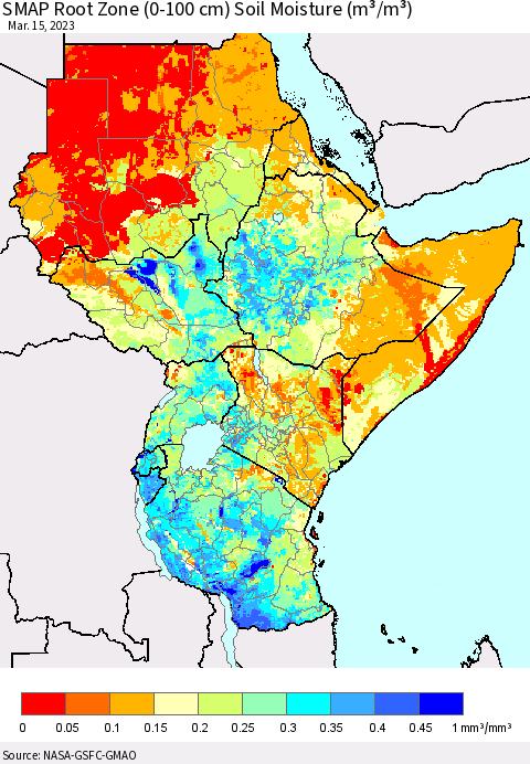 Eastern Africa SMAP Root Zone (0-100 cm) Soil Moisture (m³/m³) Thematic Map For 3/11/2023 - 3/15/2023