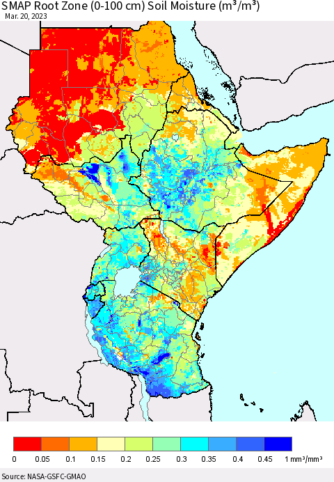 Eastern Africa SMAP Root Zone (0-100 cm) Soil Moisture (m³/m³) Thematic Map For 3/16/2023 - 3/20/2023