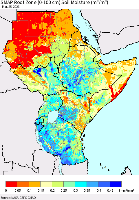Eastern Africa SMAP Root Zone (0-100 cm) Soil Moisture (m³/m³) Thematic Map For 3/21/2023 - 3/25/2023