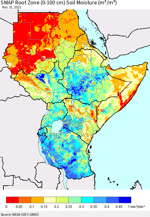 Eastern Africa SMAP Root Zone (0-100 cm) Soil Moisture (m³/m³) Thematic Map For 3/26/2023 - 3/31/2023