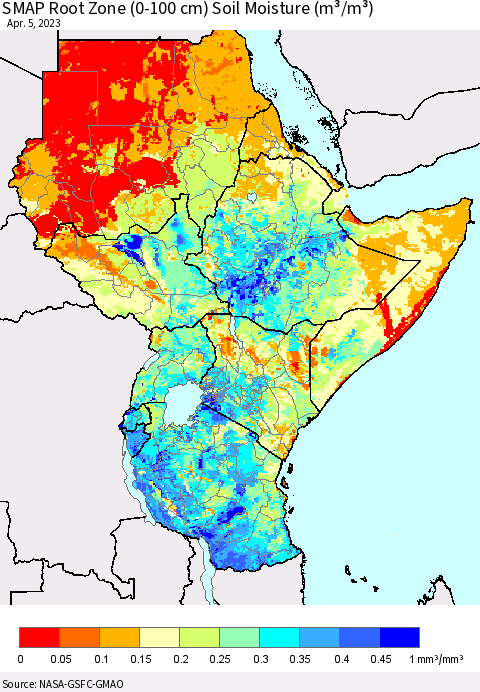 Eastern Africa SMAP Root Zone (0-100 cm) Soil Moisture (m³/m³) Thematic Map For 4/1/2023 - 4/5/2023